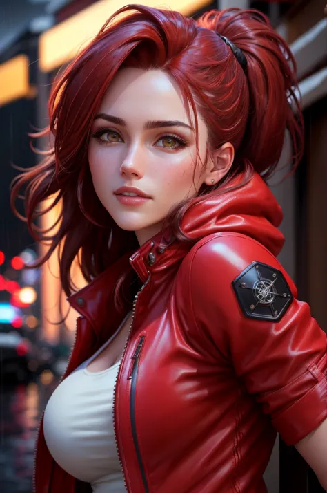 marz , as claire redfield, red jacket, rain, night,  portrait, (8k, raw photo, best quality, masterpiece:1.2),ultra-detailed, (h...