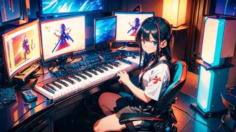 high resolution,high definition,high quality,girl playing games,gaming computer,erogeo art style, arte roffie, zero vibrations, ...