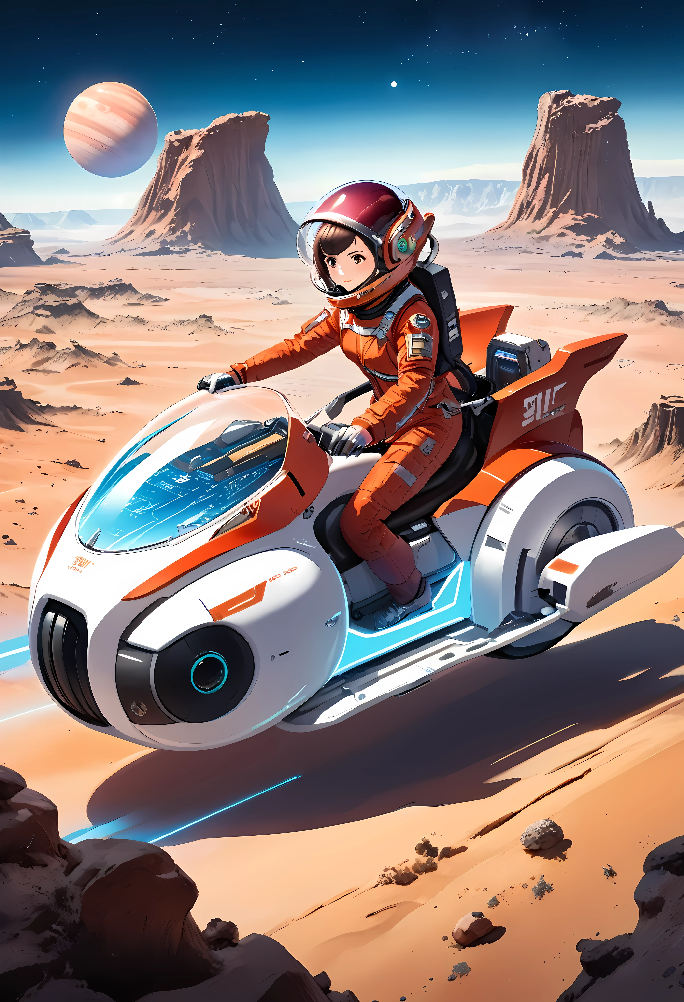 Create a 세부 사항ed image of a female astronaut riding a futuristic hoverbike on an alien planet. 우주비행사는 매끈한 옷을 입어야 해요, 투명한 헬멧을 갖춘 고급 우주복, 그녀의 결의에 찬 표정을 보여줍니다. Her spacesuit should be white with met모두ic accents, 첨단 생명 유지 시스템과 팔에 디지털 디스플레이가 장착되어 있습니다.. (짧은 머리). 호버바이크는 매끄럽게 디자인되어야 합니다, aerodynamic 설계 with a low-slung, 글로시한 마감이 돋보이는 생동감 넘치는 레드 컬러의 길쭉한 바디. 부드러운 파란색 빛을 발산하는 고급 반중력 추진기가 있어야 합니다., 앞쪽에 위치, 호버링 효과를 줌. The hoverbike should feature 세부 사항ed decals and futuristic text, 라이더를 위한 곡선형 시트 포함. 핸들바는 최소화되어야 합니다., with advanced digital controls and displays integrated into the 설계. 외계 행성의 풍경은 이국적이고 초자연적이어야 합니다., 험준한 지형으로, 이상한 암석, 그리고 다채로운, 배경에 여러 개의 달이나 행성이 보이는 별이 가득한 하늘. 환경은 생생한 색상과 차분한 색상이 혼합되어 있어야 합니다., 미스터리와 모험의 느낌을 조성합니다..  | ((완벽한_구성, 완벽한_설계, 완벽한_공들여 나열한 것, 완벽한_세부 사항, 극단론자_세부 사항ed)), ((향상시키다_모두, 고치다_모두)), 자세한 세부 사항, 향상시키다.