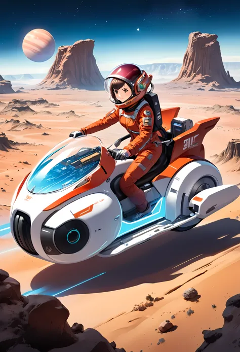 Create a detailed image of a female astronaut riding a futuristic hoverbike on an alien planet. The astronaut should be wearing ...