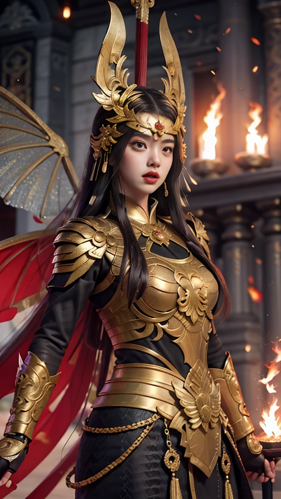 Mythological masterpiece, 26 year old Korean girl wearing a black warrior outfit complete with armor tightening her hands holding an amazing glowing bow blood flame wings carcass bloody face, standing on the head of a huge bird monster a huge black flame wing eagle with red eyes emitting fire in her mouth looks angry, an old Shaolin temple building behind a big explosion shooting big dirty smoke, with a sword,, girl hiding from a big explosion, dragon, destruction, in the background sosol male warrior behind, detail