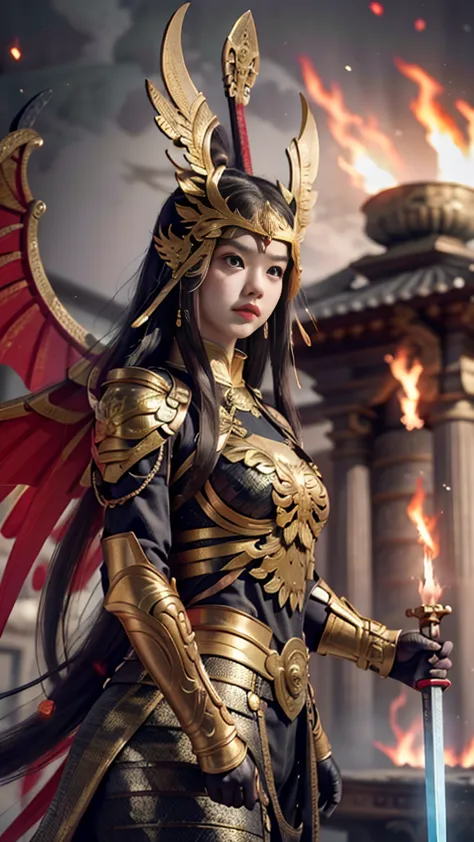 mythological masterpiece, 26 year old korean girl wearing a black warrior outfit complete with armor tightening her hands holdin...