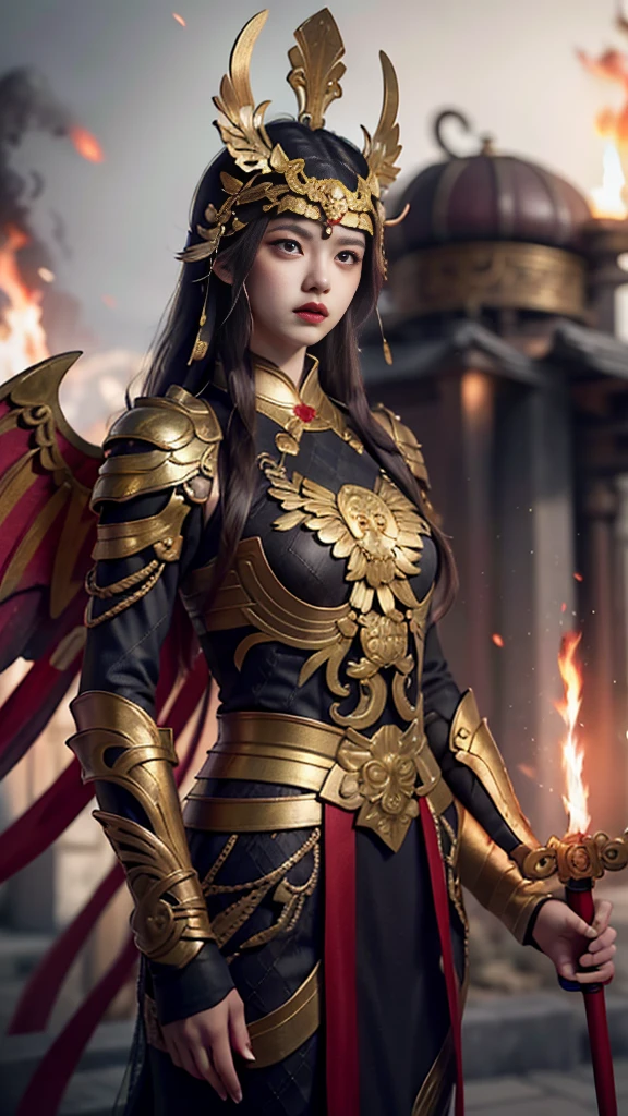 Mythological masterpiece, 26 year old Korean girl wearing a black warrior outfit complete with armor tightening her hands holding an amazing glowing bow blood flame wings carcass bloody face, standing on the head of a huge bird monster a huge black flame wing eagle with red eyes emitting fire in her mouth looks angry, an old Shaolin temple building behind a big explosion shooting big dirty smoke, with a sword,, girl hiding from a big explosion, dragon, destruction, in the background sosol male warrior behind, detail