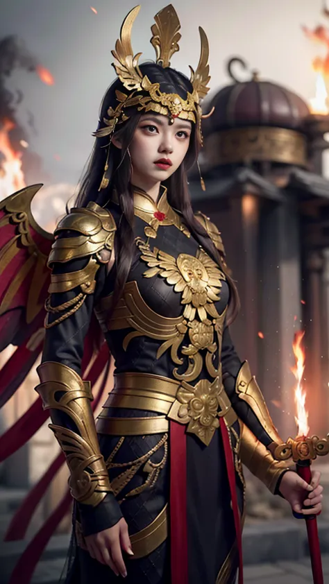 mythological masterpiece, 26 year old korean girl wearing a black warrior outfit complete with armor tightening her hands holdin...