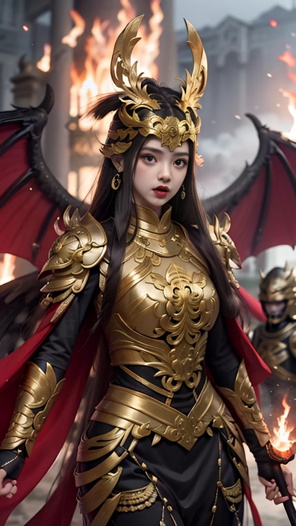 Mythological masterpiece, 26 year old Korean girl wearing a black warrior outfit complete with armor tightening her hands holding an amazing glowing bow blood flame wings carcass bloody face, standing on the head of a huge bird monster a huge black flame wing eagle with red eyes emitting fire in her mouth looks angry, an old Shaolin temple building behind a big explosion shooting big dirty smoke, with a sword,, girl hiding from a big explosion, dragon, destruction, in the background sosol male warrior behind, detail