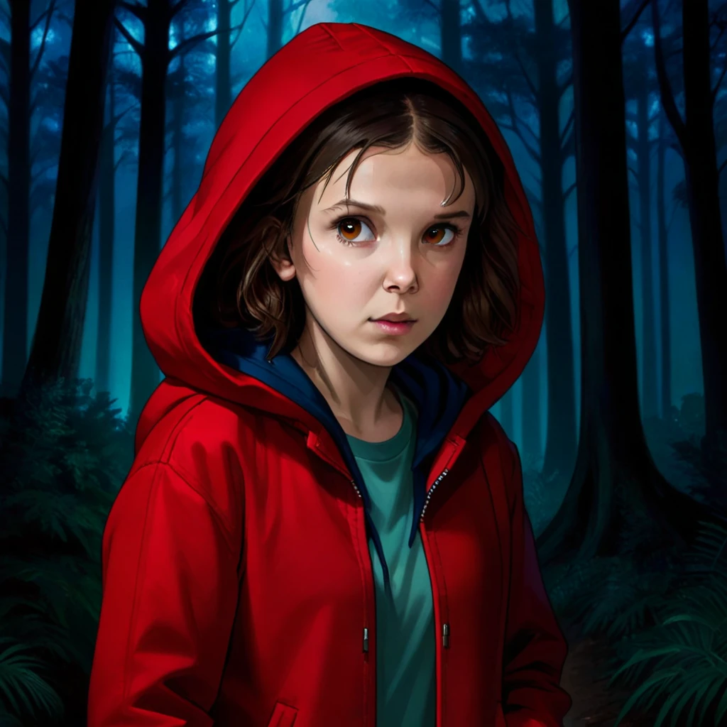 milliebobbybrown, milli3 woman, millie bobby brown, 1 girl wearing red jacket and hood, netflix, stranger things, eleven, in a dark forest, front view,