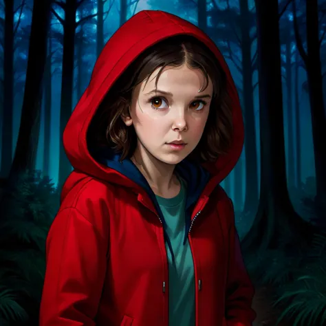 milliebobbybrown, milli3 woman, millie bobby brown, 1 girl wearing red jacket and hood, netflix, stranger things, eleven, in a d...