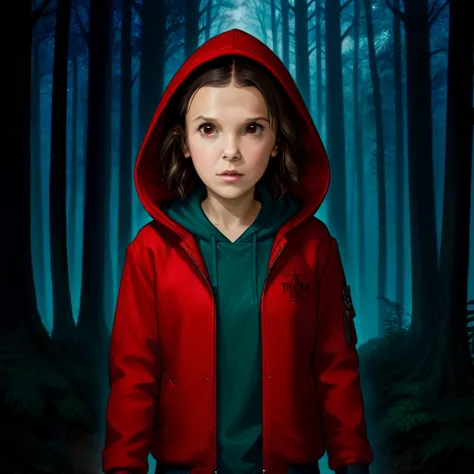 milliebobbybrown, milli3 woman, millie bobby brown, 1 girl wearing red jacket and hood, netflix, stranger things, eleven, in a d...