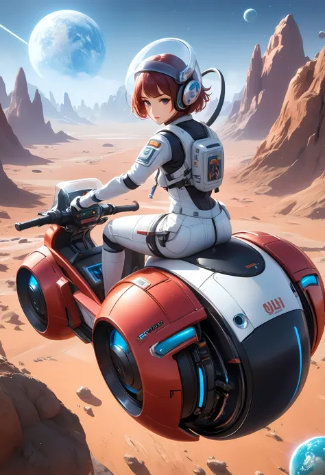 create a detailed image of a supermodel beauty female astronaut riding a futuristic hoverbike on an alien planet. the astronaut ...