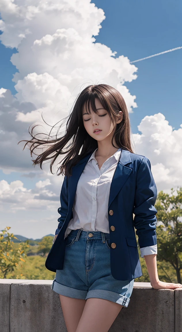 "Météor avec toi," une illustration de style anime d&#39;une jeune femme volant parmi les nuages, avec un ciel bleu en arrière-plan. ses longs cheveux noirs flottent dans le vent, et elle porte une veste bleue, chemise blanche, Short bleu marine, et des bottes noires. Elle a les yeux fermés et une expression détendue, et est représentée flottant dans les airs avec les bras tendus. Des oiseaux blancs volent autour d&#39;elle, et de gros cumulonimbus sont visibles au loin. La scène représente une journée d&#39;été lumineuse et rafraîchissante. Art numérique détaillé dans le style de l&#39;anime et du manga. "Le style d&#39;anime détaillé rappelle celui de Makoto Shinkai., et la riche utilisation de la couleur et de la lumière est caractéristique. La scène a une atmosphère fantastique et émouvante."