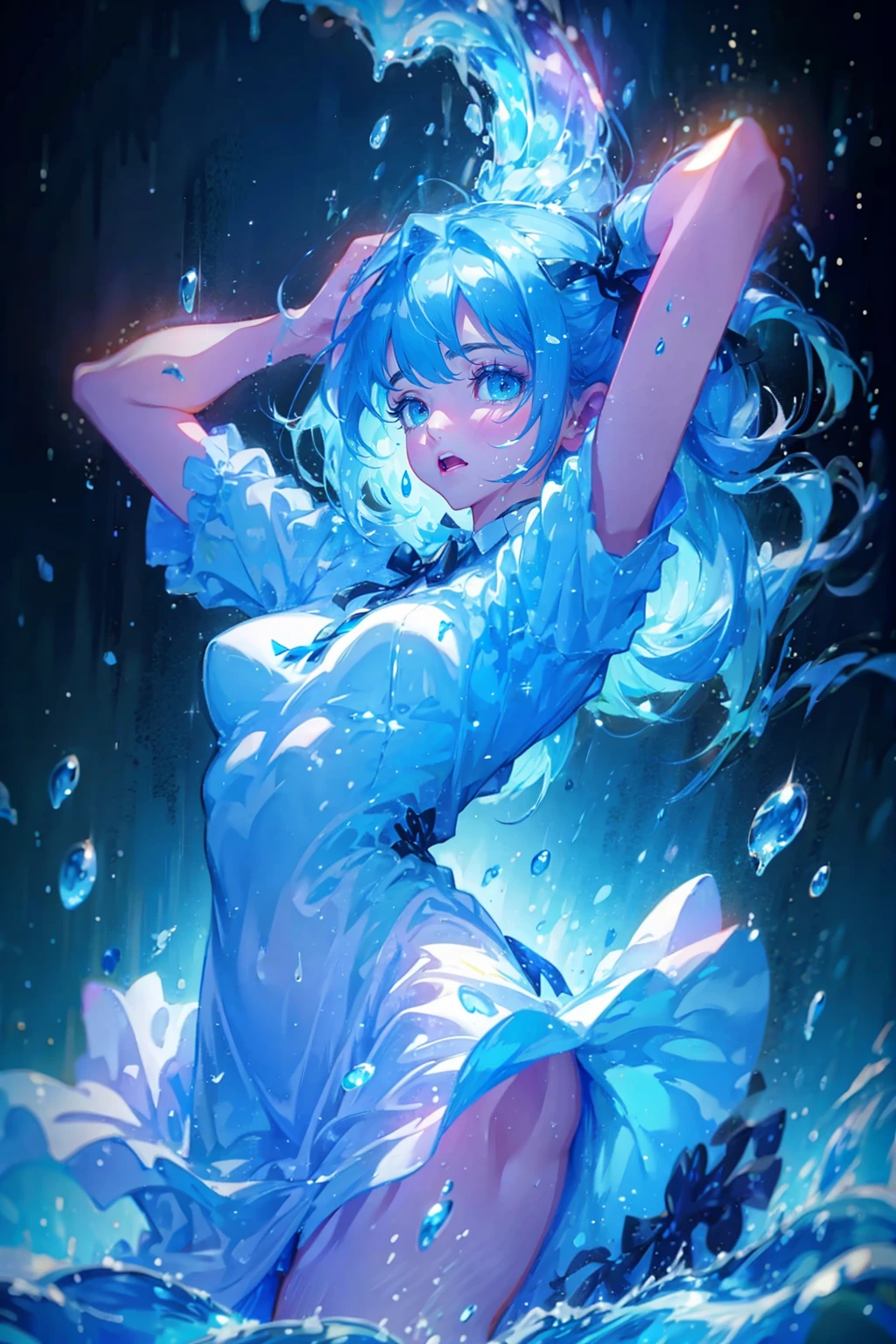 1girl,solo,cute,dancing in the water,covered with water particles,water splashing face,flowing water,covered with water,hair ends with water stream,water explosion,water splashes,blue,pink