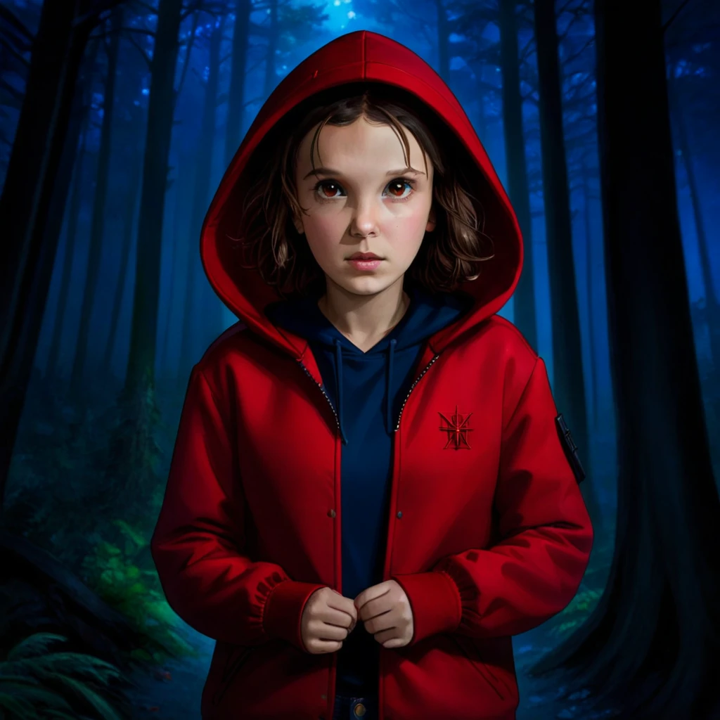 milli3 femme, millie bobby brun, 1 fille portant une veste et une capuche rouges, Netflix, des choses étranges, Onze, dans une forêt sombre, vue de face,