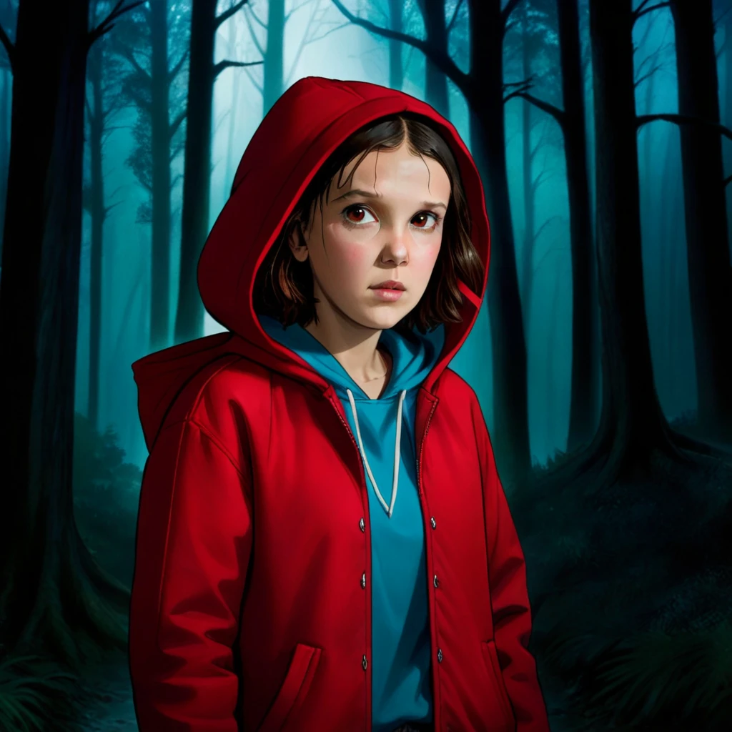 mulher mili3, Millie Bobby Brown, 1 garota vestindo jaqueta vermelha e capuz, netflix, coisas estranhas, Onze, em uma floresta escura, vista frontal,