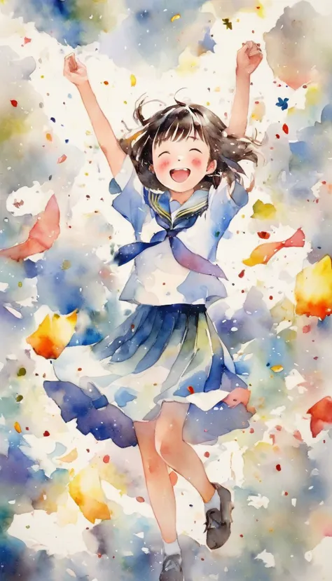 (girl in school uniform),smiling and spreading his arms、scattering papers、confetti、answer sheets fly in the air、dancing in a sea...