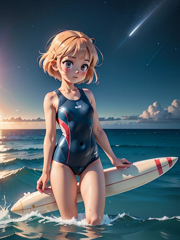 (High quality, high definition, historical masterpiece) 1 girl, realistic anime picture, high quality CG illustration, girl (cute short girl, , carefully drawn face, translucent hair, science fiction swimsuit) surfing on Saturn's rings, surfboard, ethereal sea, starlight,