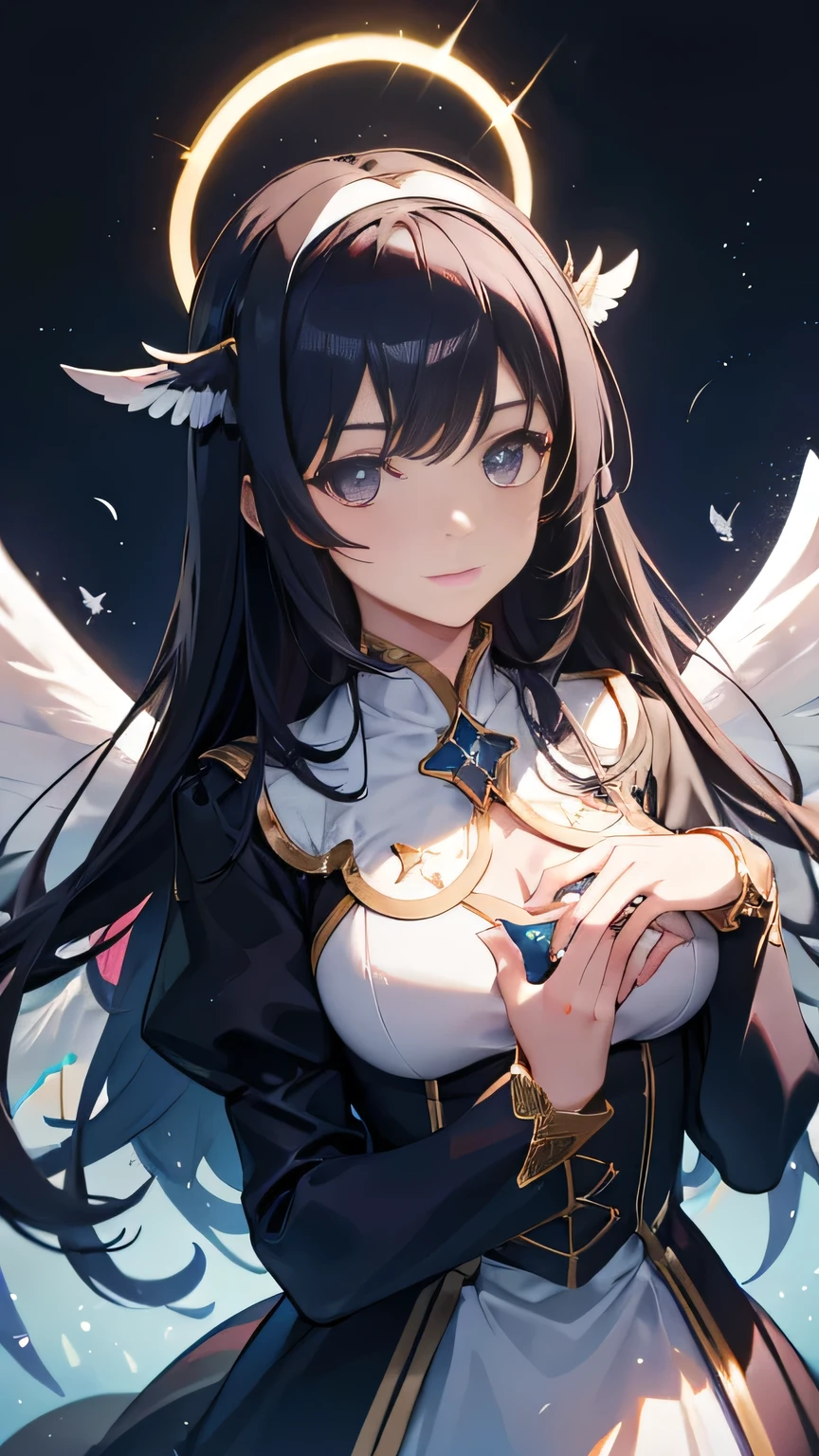 glowing light, masterpiece, accurate, textured skin, super detail, best quality, high details, black hair, parted bangs, very long hair, shiny hair, halo, blue hairband, color contact lenses, fingersmile, ((angel)), ((angel wings)), (Bird feathers fluttering in the background), rainbow-colored lights shine from the sky, Fairytale-like costume with a big ribbon on the chest