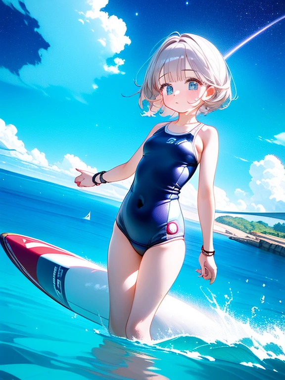 (High quality, high definition, historical masterpiece) 1 girl, realistic anime picture, high quality CG illustration, girl (cute short girl, , carefully drawn face, translucent hair, science fiction swimsuit) surfing on Saturn's rings, surfboard, ethereal sea, starlight,