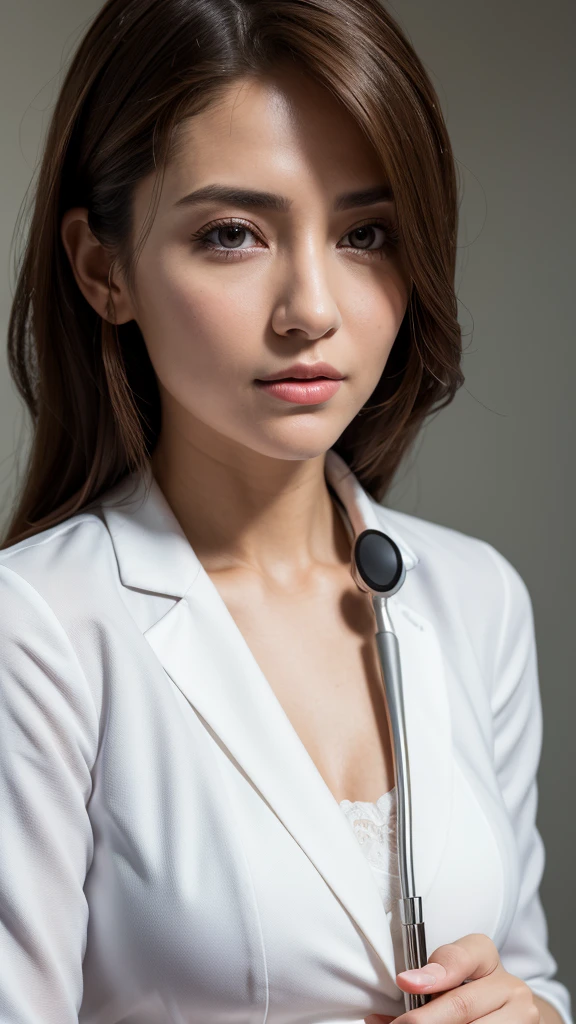 Close-up of woman in white doctor uniform, Use a stethoscope, High-quality images, masterpiece, Detailed hair texture, Delicate skin texture, Detailed fabric texture, 8K, Add fabric details, ultra Delicate skin texture, Ultra-detailed photos, Skin pores, Fabric details, High Skin Detail, Realistic hair details
