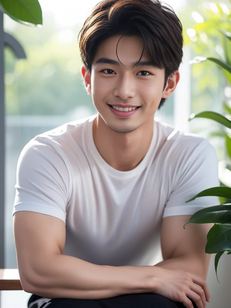 ((Highest quality, 8K, Masterpiece: 1.3))、Cool Thai man, １A man who has、 yo、Good appearance、Beautiful nose、smile、 Detailed eyes and face、beautiful light、(studio)、high resolution、（Look at the vieFine mouth、smile、whole body: 1.5, perfect shape: 1.3, Picture of both shoulders:1.3, Black T-shirt:1.5