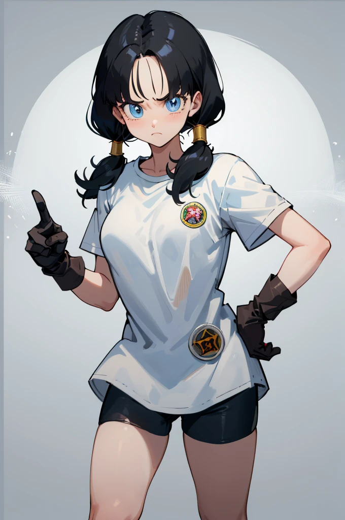 masterpiece, best quality, highres, videl2, solo, blue eyes, black hair, twintails, black gloves, bike_shorts, bangs, white shirt, badge, medium breasts, cowboy shot, frown, hand on hip, leaning forward, pointing at viewer,