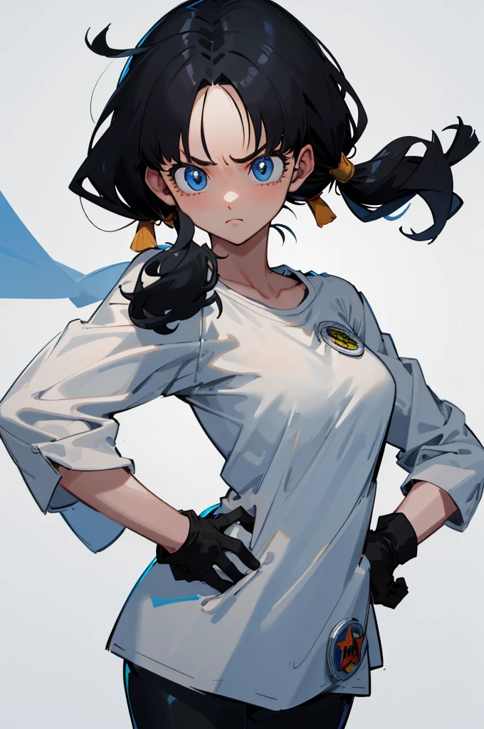 masterpiece, best quality, highres, videl2, solo, blue eyes, black hair, twintails, black gloves, bike_shorts, bangs, white shirt, badge, medium breasts, cowboy shot, frown, hand on hip, leaning forward, pointing at viewer,