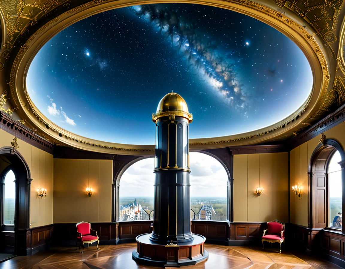 A 18th century telescope was in an indoor observation room on the top floor of the building, with the circular dome-shaped roof open up to allow the telescope to observe the universe, and scholars were gathered in a corridor surrounding it, talking about something, in a royal castle in the sky,