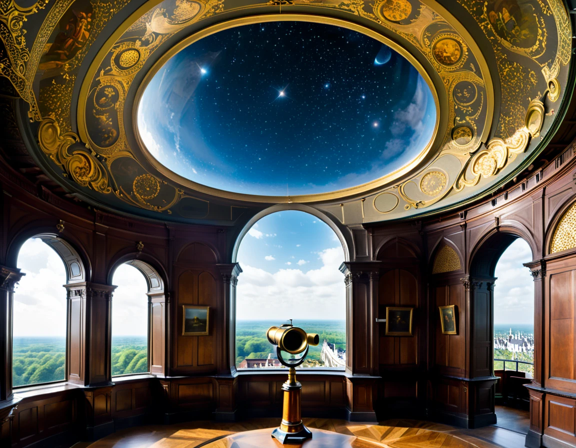 大楼顶层的室内观察室内有一台 18 世纪的望远镜, 圆形穹顶打开，让望远镜可以观察宇宙, 学者们聚集在周围的走廊里, 谈论某事, 在天空中的皇家城堡里,