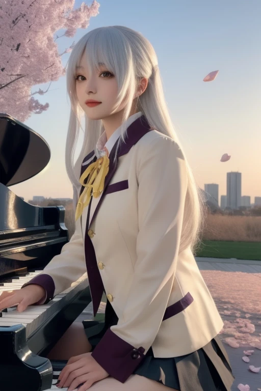 ultra-detailed,highly detailed,best quality,masterpiece,illustration,realistic,
tachibana kanade, 1girl, solo, cosplay, 
, jacket,blazer, long sleeves,neck ribbon,gem,necklace, pleated skirt,
yellow eyes,white hair, long hair,bangs, hair pulled back, 
looking at viewer, playing piano,
photo background, photo inset, dusk,outdoors, spring,wind,falling petals, sunlight, skyline, 
 