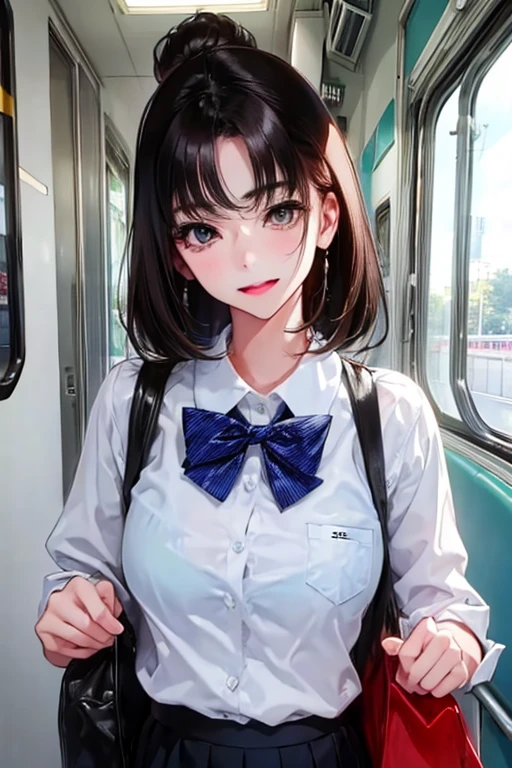 1girl,cute,bigbreast,upper body,shirt and skirt, behsuke, student,in train