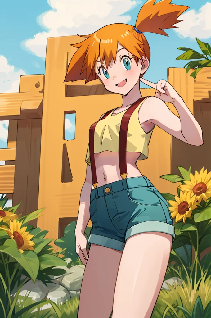 masterpiece, best quality, highres, 1girl, misty (pokemon), orange hair, solo, shorts, suspenders, side ponytail, orange hair, midriff, yellow crop top, navel, short hair, denim, denim shorts, smile, cowboy shot, standing, peace_sign, outdoors,