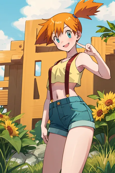 masterpiece, best quality, highres, 1girl, misty (pokemon), orange hair, solo, shorts, suspenders, side ponytail, orange hair, m...