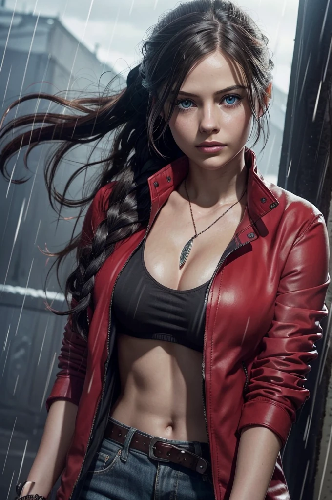 ClaireRedfieldR, 1girl, solo, jewelry, black hair, rain, blue eyes, red jacket, jacket, necklace, long hair, braid, realistic, upper body, breasts, parted lips, looking at viewer
