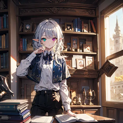 Cool elf with blue and blue-purple heterochromia, Silver straight hair, Wearing a white shirt, Wearing slacks, sitting at a desk...