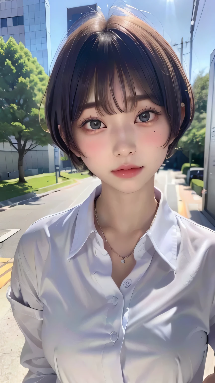 (Highest quality:1.3)、(Masterpiece:1.4)、Raw photo、8K、((Best image quality))、 ((High resolution))、Beautiful face in every detail、Realistic human skin、Gentle expression、(Cute natural anime face)、(One Woman:1.3)、Realistic、Photorealistic、short hair、(Beautiful woman)、((Cool Japan girl))、(boyish:1.5)、mannish、((Beautiful woman))、(Beautiful Hair)、((Dark brown hair))、(Blushing:1.5)、(Fashion Model:1.3)、(Every woman admires her face:1.3)、((Her eyes are big))、20 year old beauty、(Small face)、Small Head、((Long neck))、(High school girls)、uniform、(Japanese high school uniform)、(High school girlsのuniform)、((White button-up shirt))、 shirt with a wide open chest)、Collared shirt、(necklace)、(The aspirations of young people)、(The center of attention in school:1.3 )、everyone will love her、You can almost see your cleavage、Attractive lips、[[smile]]、(She has a great figure)、((schoolyard))、 shy、Embarrassed