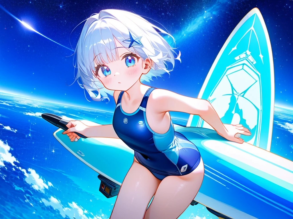 (High quality, high definition, historical masterpiece) 1 girl, realistic anime picture, high quality CG illustration, girl (cute short girl, , carefully drawn face, translucent hair, science fiction swimsuit) surfing on the Milky Way, riding a surfboard, space, outer space, starlight, ☆
