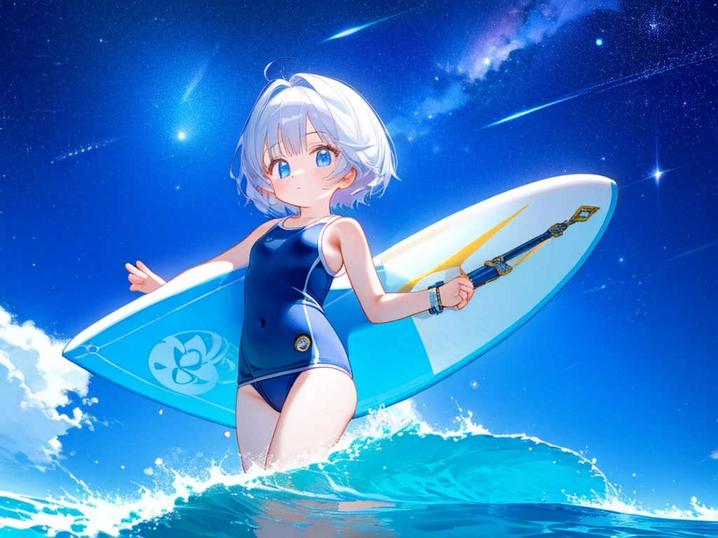 (High quality, high definition, historical masterpiece) 1 girl, realistic anime picture, high quality CG illustration, girl (cute short girl, , carefully drawn face, translucent hair, science fiction swimsuit) surfing on the Milky Way, riding a surfboard, space, outer space, starlight, ☆