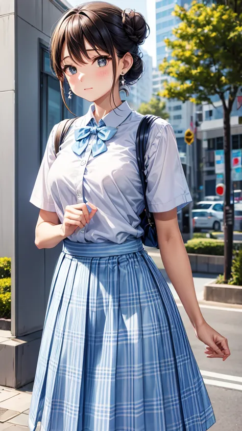 Tied in a bun、Light blue skirt、Plaid、Earrings