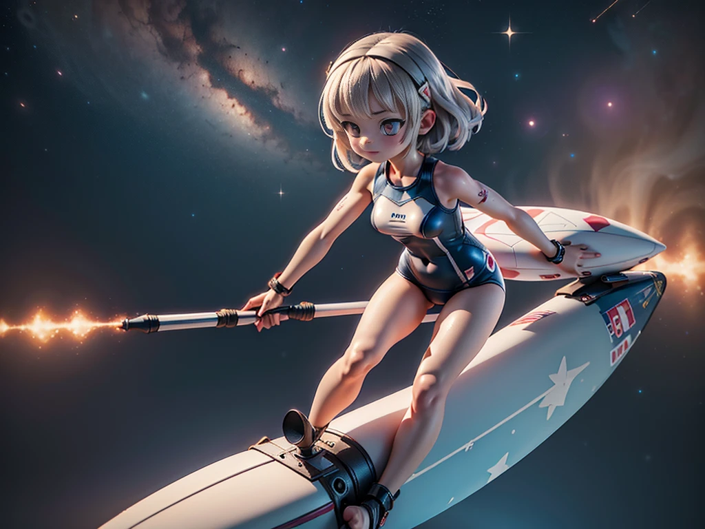 (High quality, high definition, historical masterpiece) 1 girl, realistic anime picture, high quality CG illustration, girl (cute short girl, , carefully drawn face, translucent hair, science fiction swimsuit) surfing on the Milky Way, riding a surfboard, space, outer space, starlight, ☆