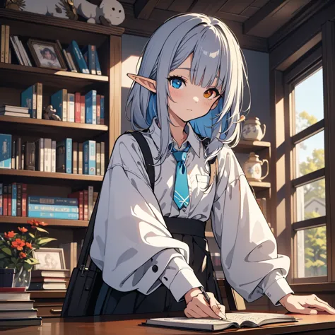 Cool elf with blue and blue-purple heterochromia, Silver straight hair, Wearing a white shirt, Wearing slacks, sitting at a desk...