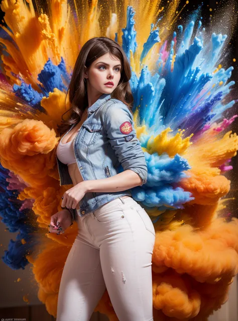 (((alexandra daddario, jeans jacket, white undershirt, denim jeans pants, sexly, masterpiece artwork, 4k,bigfaketits))), cowboy ...