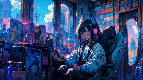 high resolution,high definition,high quality,girl playing games,gaming computer,erogeo art style, arte roffie, zero vibrations, ...