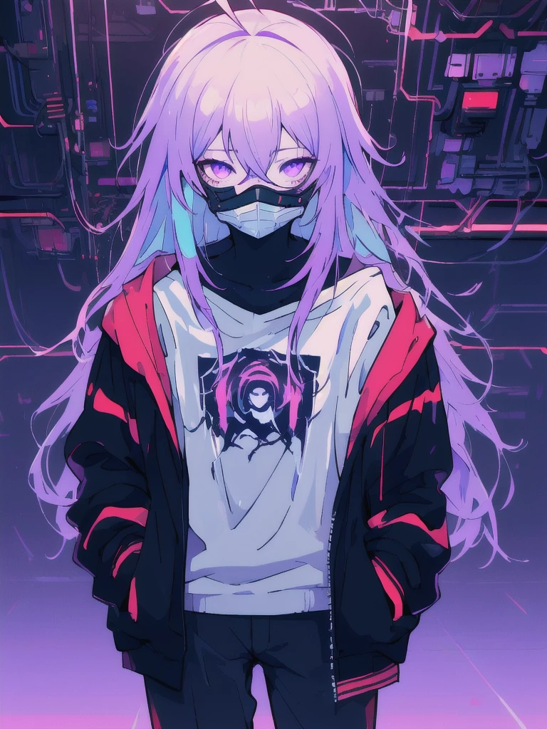 ((masterpiece)), (best quality), ((highres)), 4K, Detailed, (Ambient Light, Digital Art, Soft Lighting, extremely detailed 8K wallpaper:1.2), BREAK 1girl, solo, pale skin, violet eyes, violet hair, ahoge, (absurdly long hair:1.1), flat chest, cyberpunk scenery, black jacket, pants, shirt, night, hand in pocket, looking at viewer, hair between eyes, expressionless, rtx, neon light, black medical mask