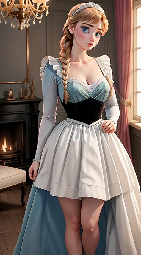 woman, ((Masterpiece, best quality)), full body view, bursting huge breasts, detailed skin, Anna from Frozen as a maid, maid clo...