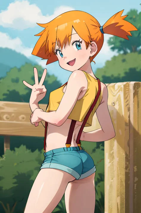 masterpiece, best quality, highres, 1girl, misty (pokemon), orange hair, solo, shorts, suspenders, side ponytail, orange hair, m...