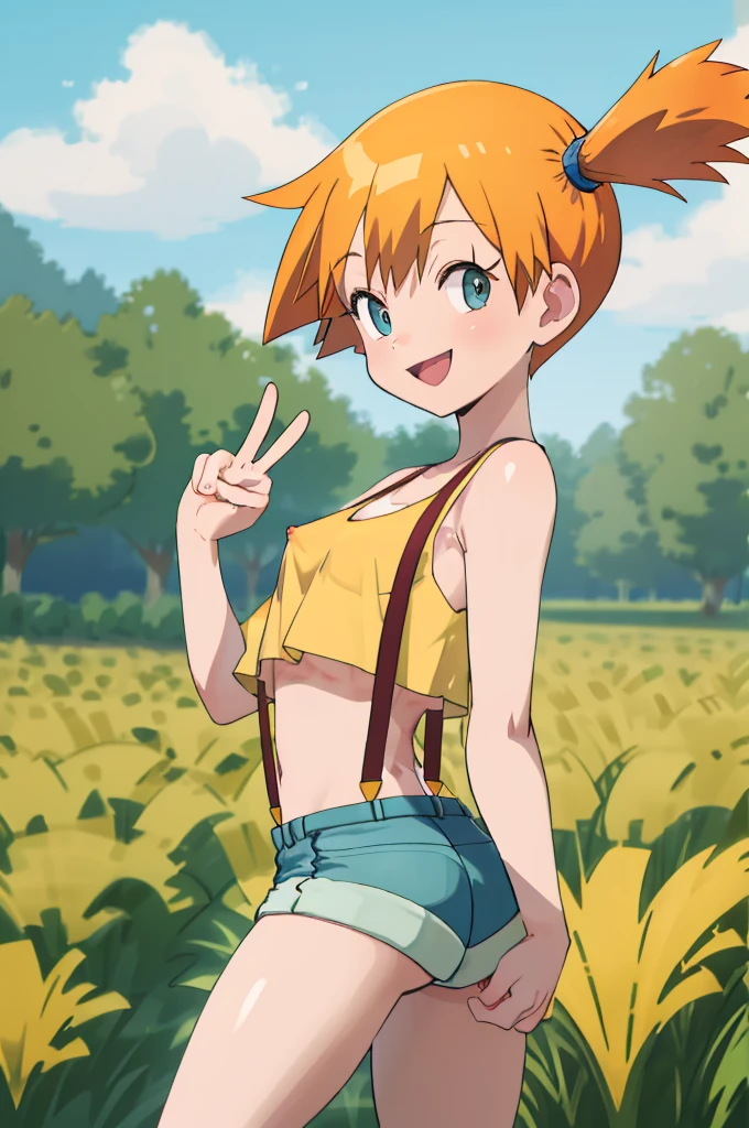 masterpiece, best quality, highres, 1girl, misty (pokemon), orange hair, solo, shorts, suspenders, side ponytail, orange hair, midriff, yellow crop top, navel, short hair, denim, denim shorts, smile, cowboy shot, standing, peace_sign, outdoors,(nsfw),ass,from back