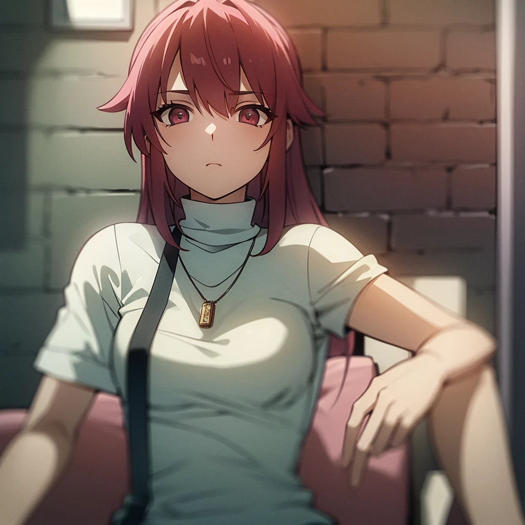 (masterpiece, best quality, 1 girl, alone, Intricate details, Chromatic Aberration), actual, ((Moderate breathing)),long hair, Red hair, red decoration on head, pink highlights, Amber eyes, earrings, Sharp eyes, necklace, Neon shirt, ripped shorts, unbuttoned jacket, turtleneck sweater, night, Leaning against the wall, Brick Wall, doodle, Dim Lights, alley, Look at the audience