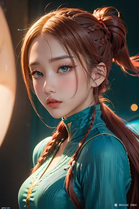 anime, hda, a close up of a woman with ((red braided low ponytail hair)) and (((the most beautiful green eyes))) in (((blue outf...