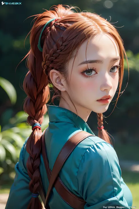 anime, hda, a close up of a woman with ((red braided low ponytail hair)) and (((the most beautiful green eyes))) in (((blue outf...