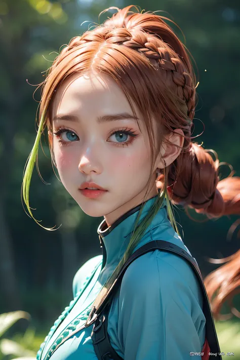 anime, hda, a close up of a woman with ((red braided low ponytail hair)) and (((the most beautiful green eyes))) in (((blue outf...