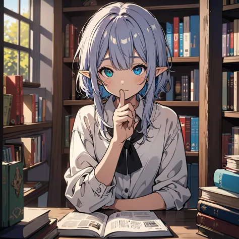 Cool elf with blue and blue-purple heterochromia, Silver straight hair, Wearing a white shirt, Wearing slacks, sitting at a desk...